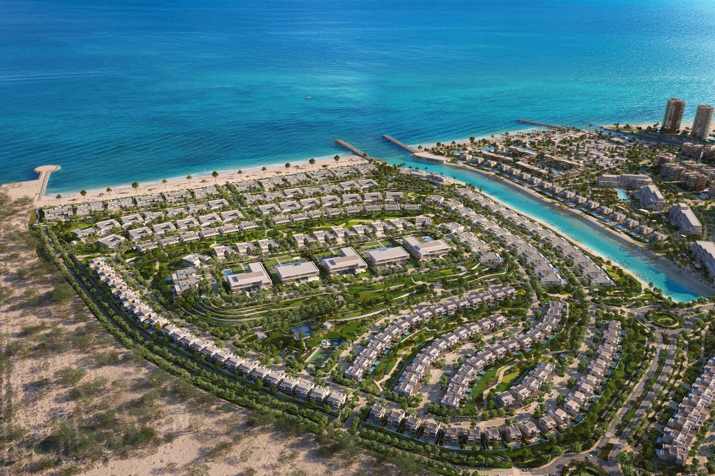 Aerial view of the BAYN villas, canal, beach and sea
